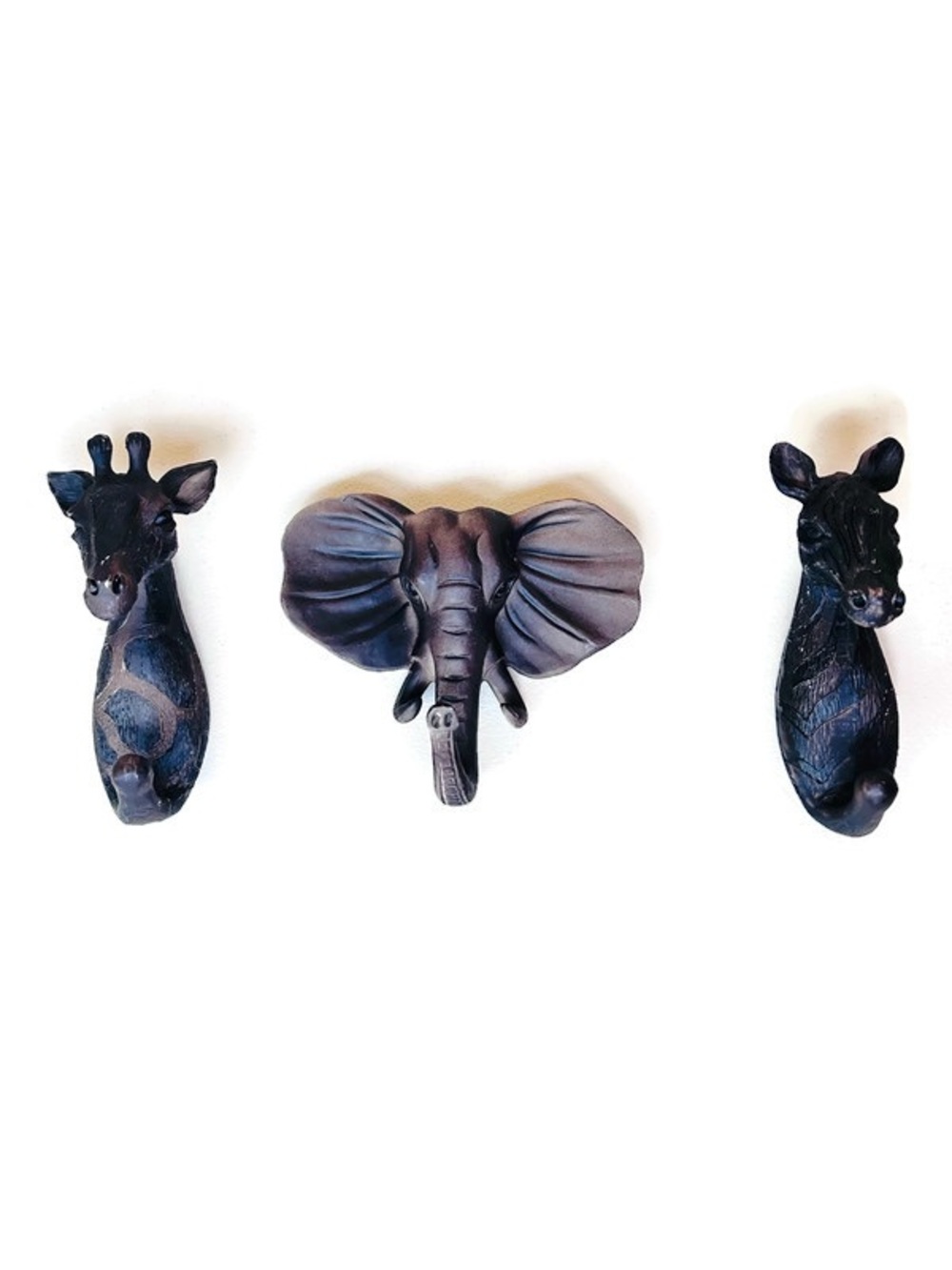Safari Animal Wall Hooks Set of 3 Elephant Giraffe Zebra Resin Wall Jungle Decor